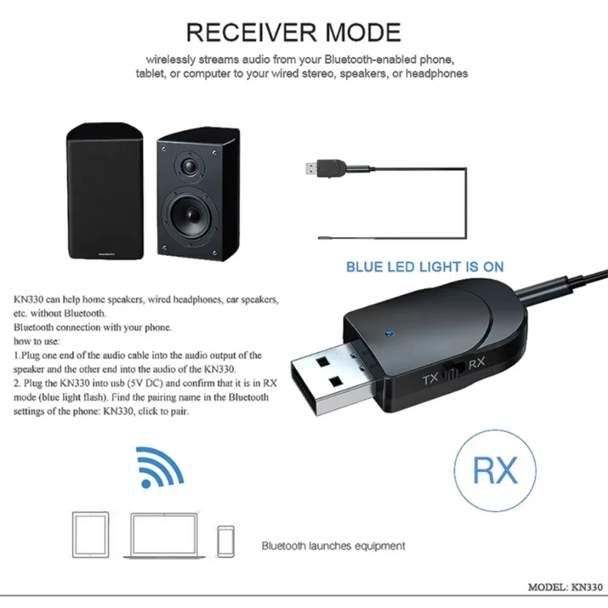 Фото KN330 3 в 1 Bluetooth 5,0 передатчик-приемник USB-адаптер EDR Dongle 3,5 мм AUX RCA для ТВ, ПК, наушников, домашняя стереосистема, автомобиля HIFI №4