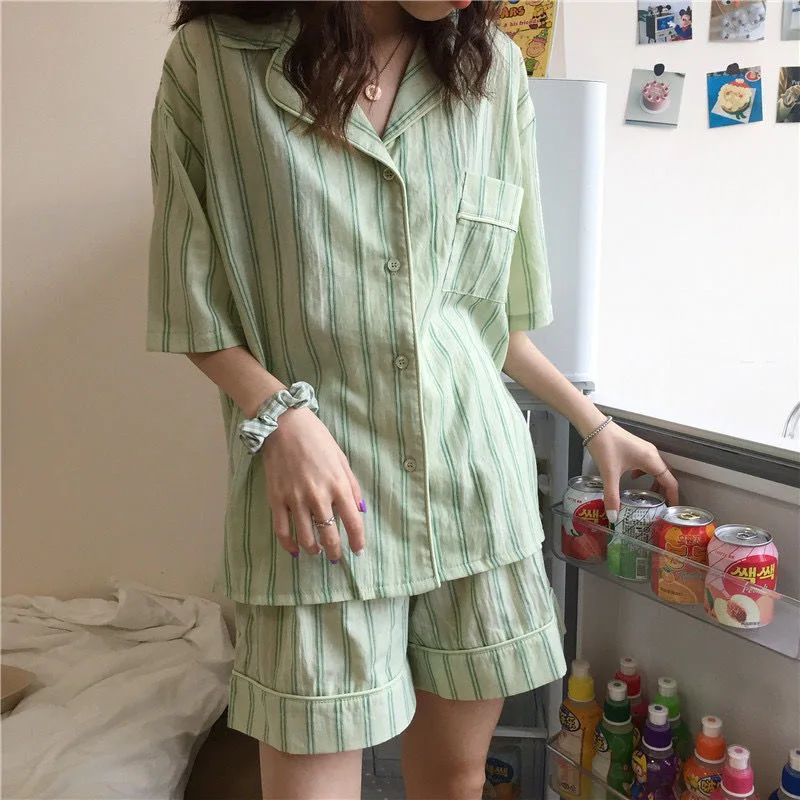 Pajamas for Women Summer Korean Sweet Sleepwear Girls Striped Lapel Home Clothes Kawaii Plus Size Loose Pijama Ladies Pyjama Set