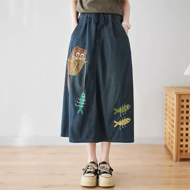 Универсальная джинсовая юбка в стиле ретро с художественной вышивкой весна-лето