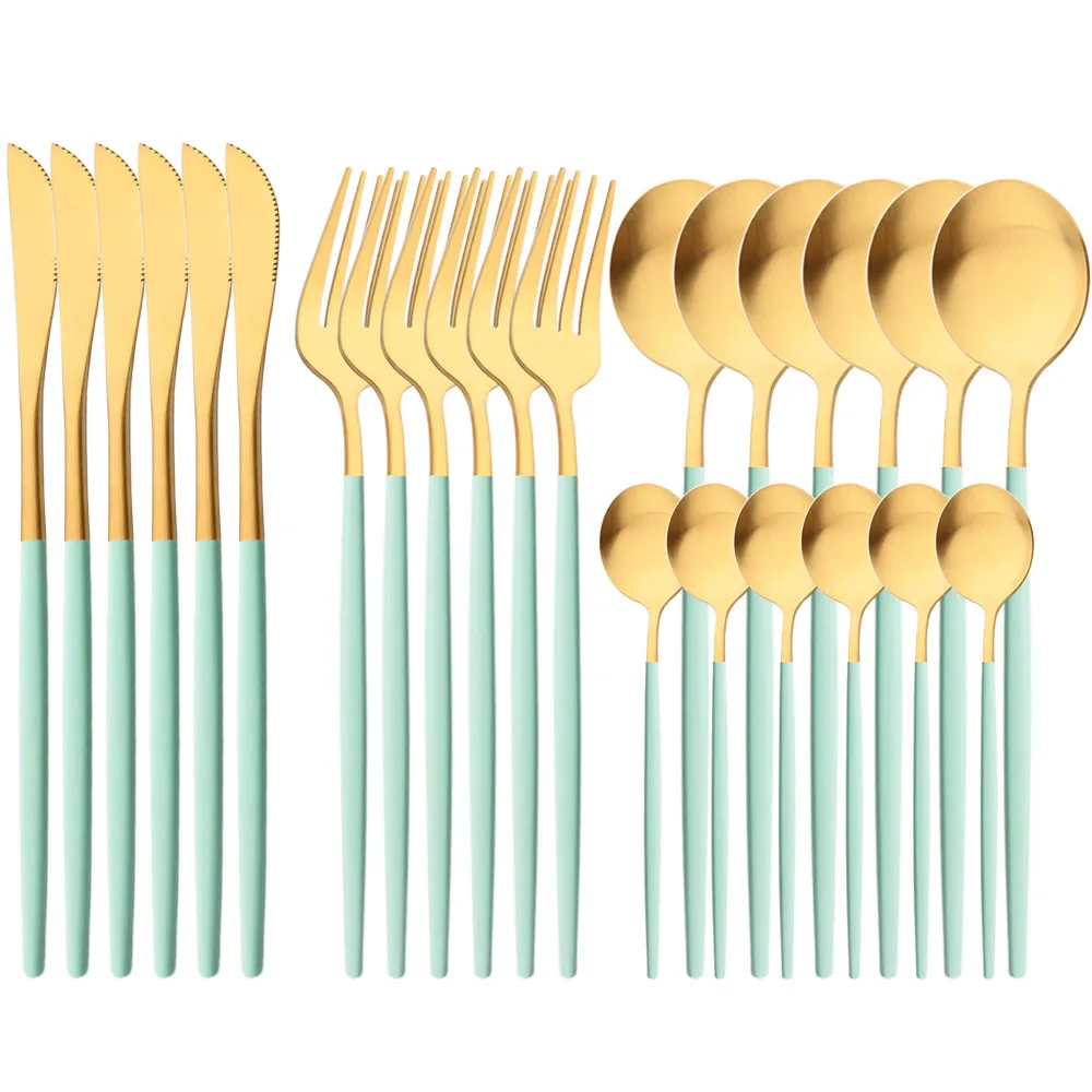 

Mint Gold 24Pcs Cutlery Set Matte Western Dinnerware Knives Flatware Fork Spoon Stainless Steel Silverware Kitchen Tableware Set