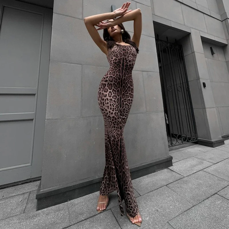 Женское платье-макси с леопардовым принтом длинное платье-Русалка на