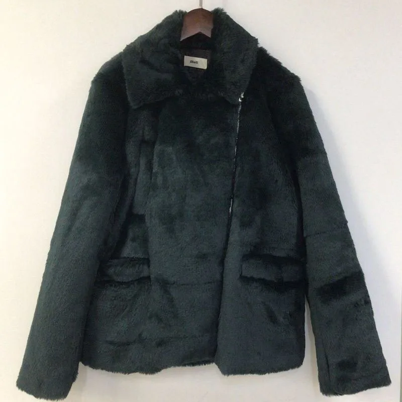 

Женское пальто на осень и зиму 2022, модное повседневное темно-зеленое короткое пальто на молнии с длинным рукавом и имитацией меха, теплое зи...