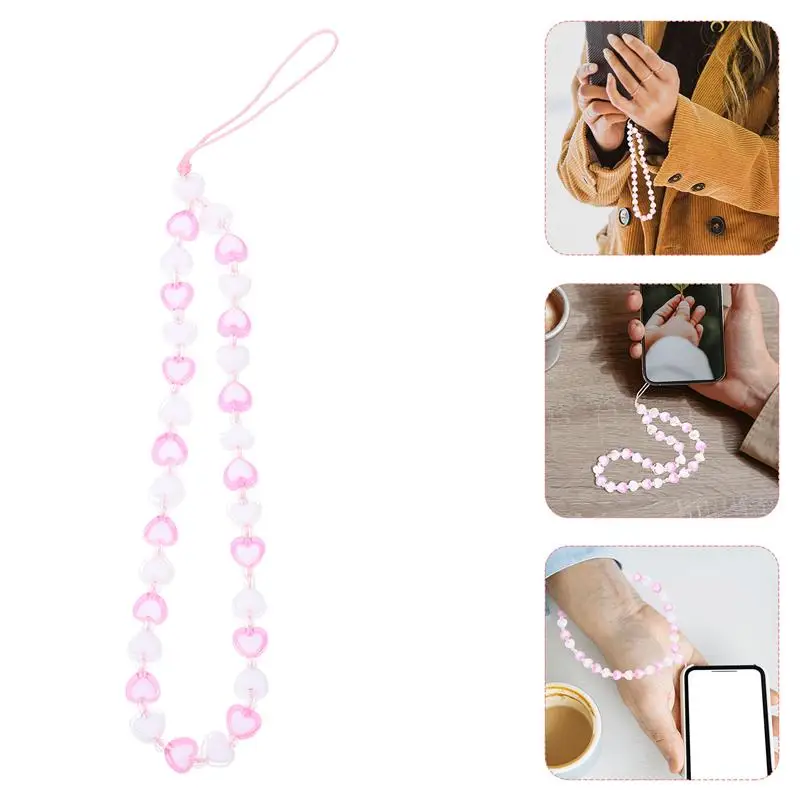 

2Pcs New Ins Trendy Red Love Heart Pearl Chain Mobile Phone Chains Anti-lost Handmade Acrylic Charm Cord Lanyard for Women Girls