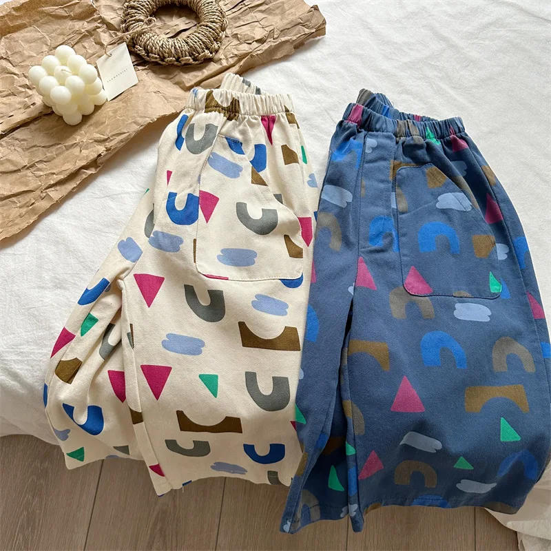 

Children Casual Pants 2023 Spring Autumn New Printed Fashionable Pants Colorful Straight Wide Leg Pocket Pants for Boys Girls