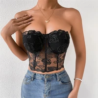 women sexy corset top lace embroidery floral see through off shoulder tank tops summer mesh strapless backless girls bustier top