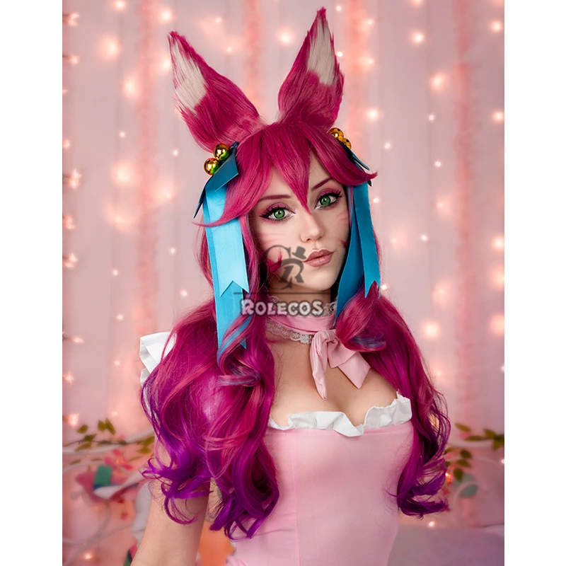Фото ROLECOS Game LOL Spirit Blossom Ahri Косплей Парики Ahri 75 см Женские длинные волнистые смешанные розовые парики Cos Термостойкие синтетические волосы №3