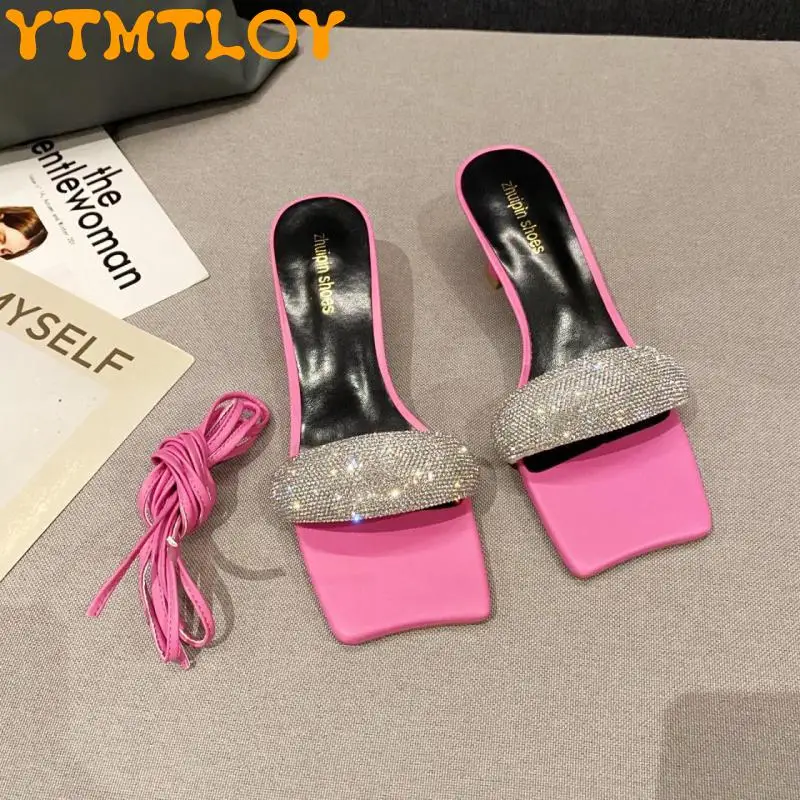 

Rhinestone One Word Buckle Sandals And Slippers Women's 2022 New Fashion Outer Wear Low Heel Stiletto Temperament Not Tired Foot