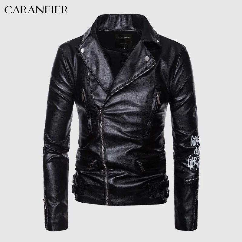 

CARANFIER Men's PU Leather Jacket Male Locomotive Winter Coats Faux Biker Racing Streetwear Hip Hop Steampunk Print Chaquetas