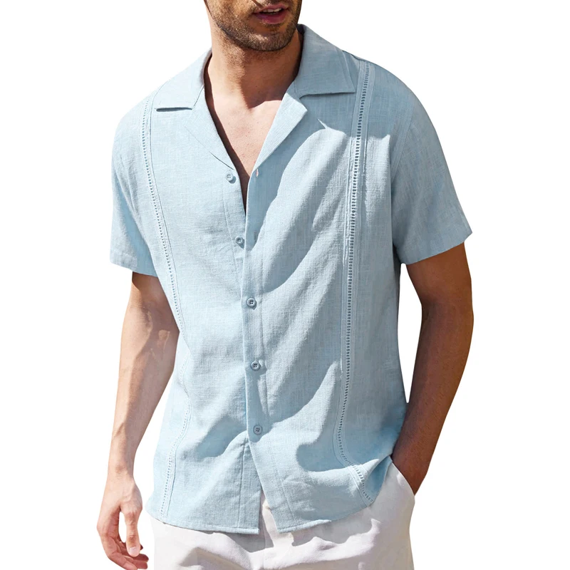 Men Linen Shirts Casual Summer Solid Handsome Men Retro Autumn Shirts Short Sleeve Beach Blouse Tops