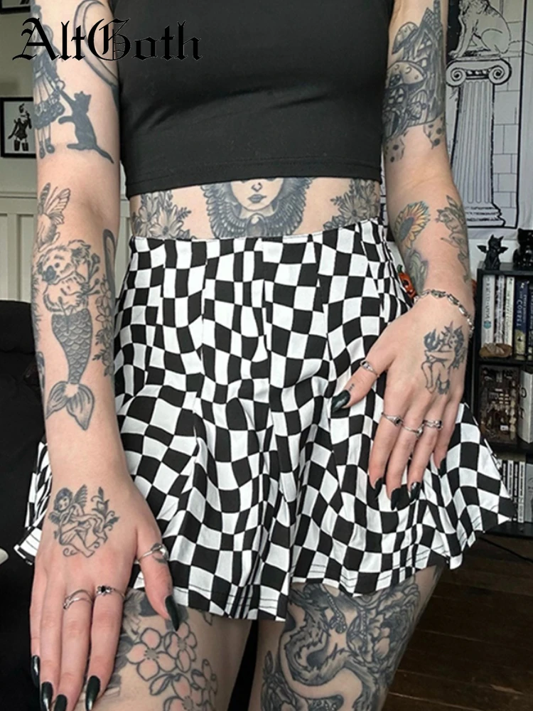 

AltGoth Emo Alt Gothic Plaid Skirt Women Y2k E-girl Cyber Punk High Waist A-line Skirt Streetwear Harajuku Grunge Rave Outfits