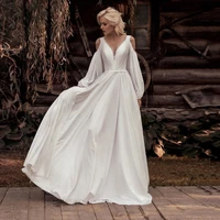 chiffon wedding dress for women simple puffy sleeves v neck a line pleats backless sweep train bridal gown custom made