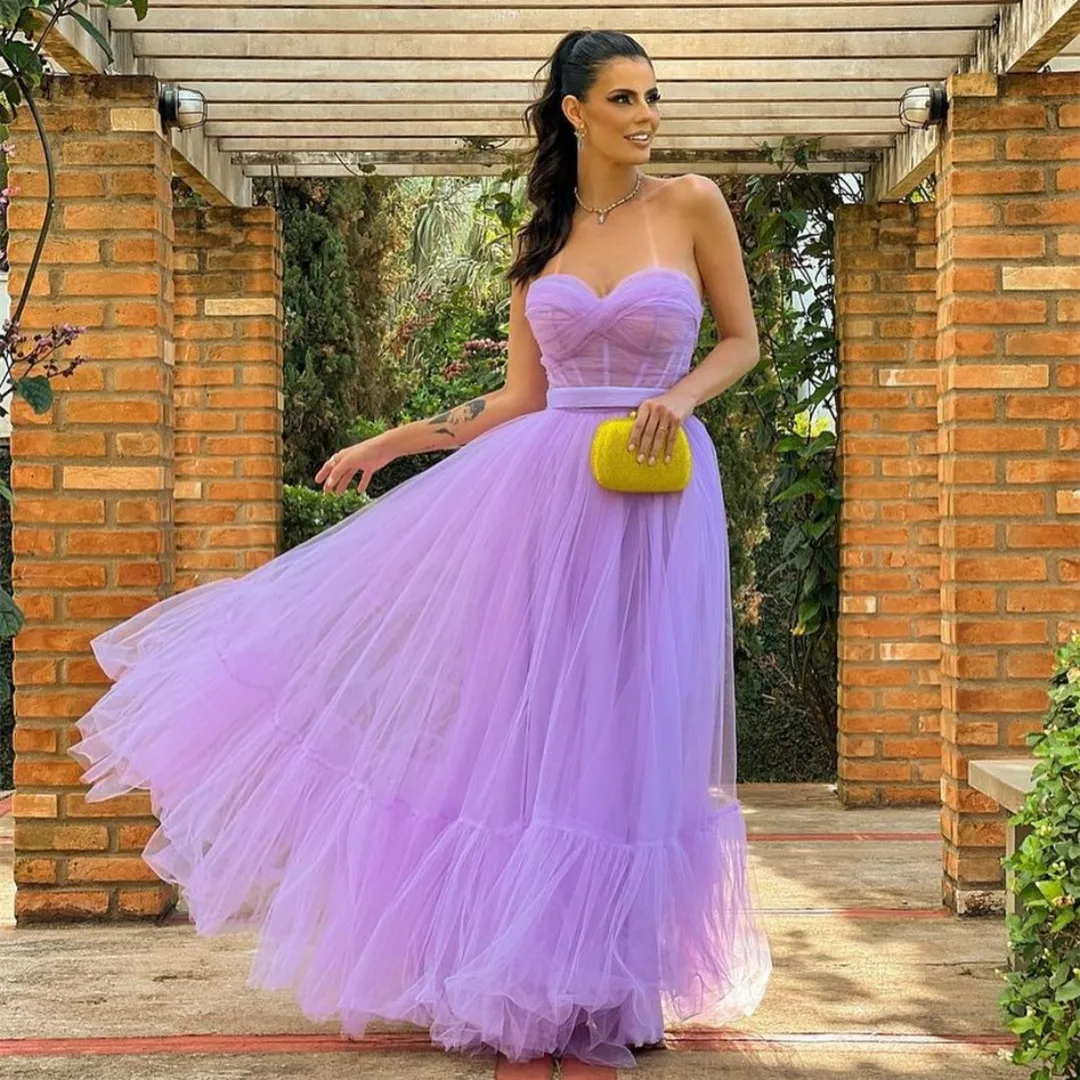 

Fairytale Retro Long Lilac Tulle Sweetheart Evening Dresses A-Line Pleated Floor Length Prom Dress Robe de soirée for Women