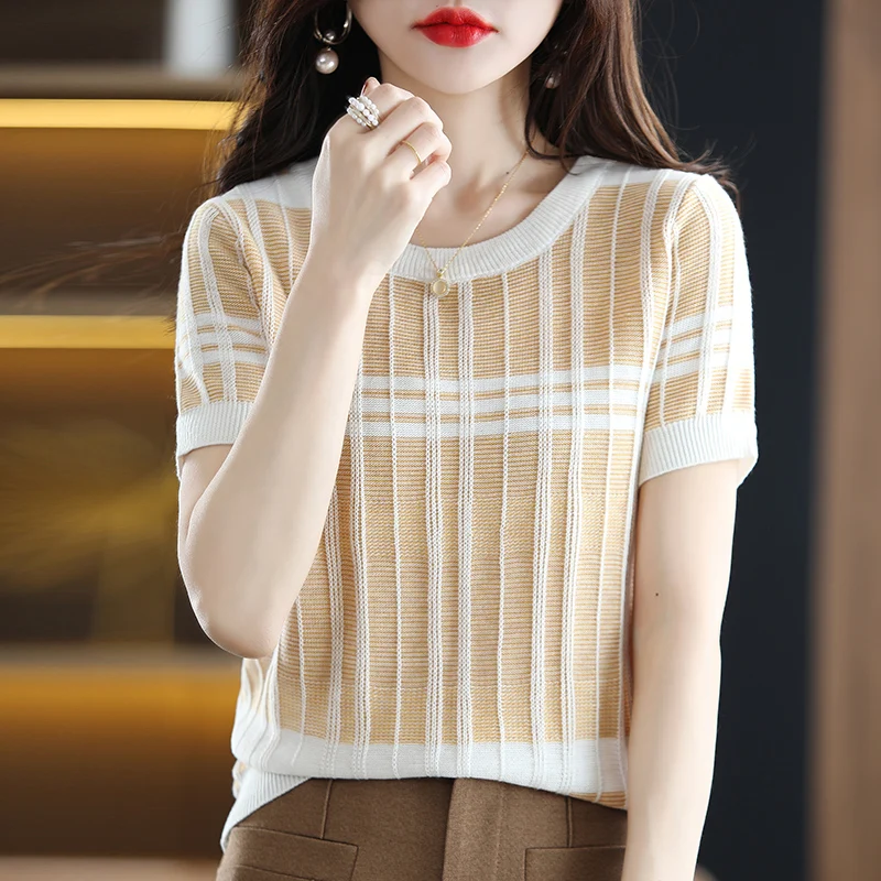 

T-shirt women's 2023 summer new wool short-sleeved casual round neck knitted pullover loose color matching women's top