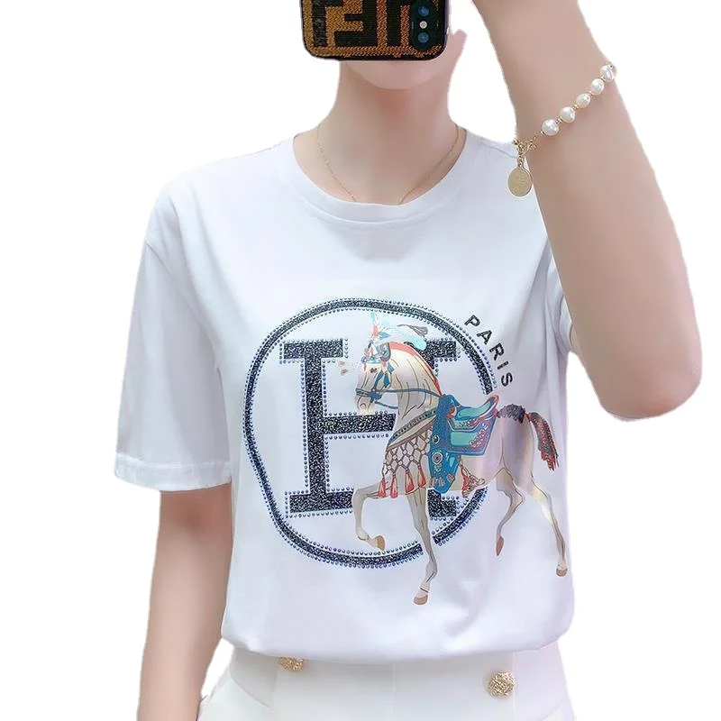 

Women's Cotton Short-Sleeved T-shirt 2023 New Fashion Rhinestone round Neck Women's Clothing plus Size Anti-Aging Slimming Top