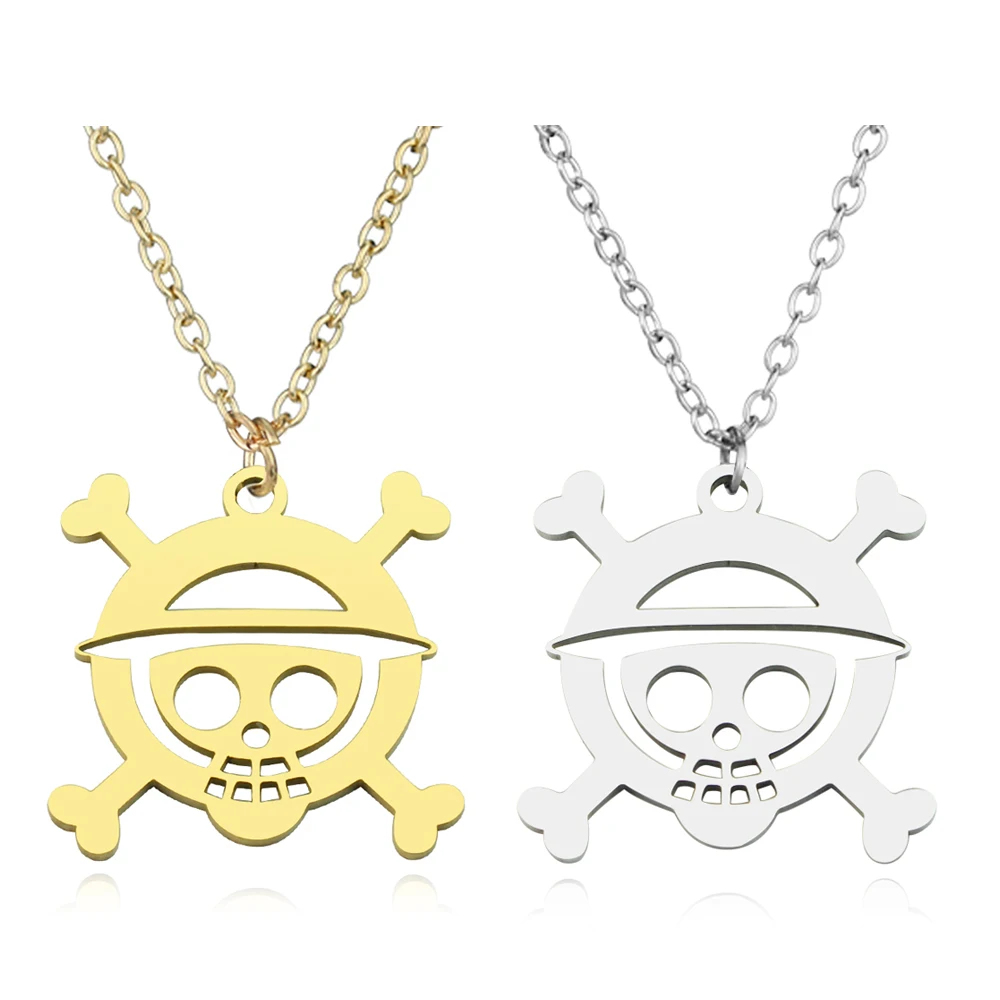 

Japanese Anime One Piece Monkey D. Luffy Pendant Necklace Stainless Steel Skeleton Face Cross Chain Collars Punk Jewelry Accesso