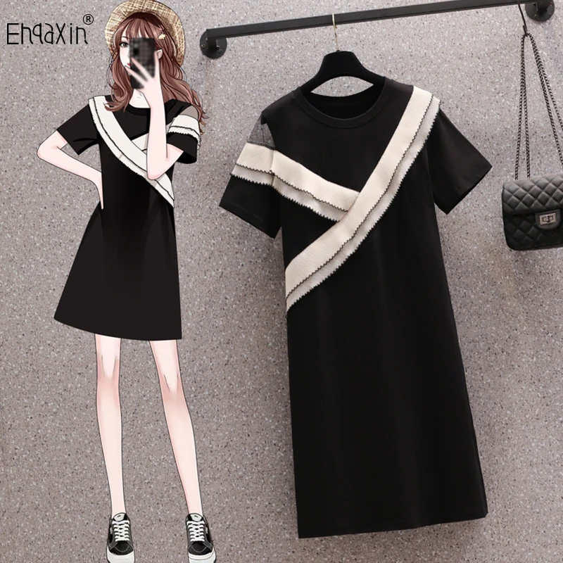EHQAXIN 2023 Summer Women's Dress Fashionable New Simple Casual Contrast Mesh Off Shoulder Ruffle Edge Loose Dresses M-4XL