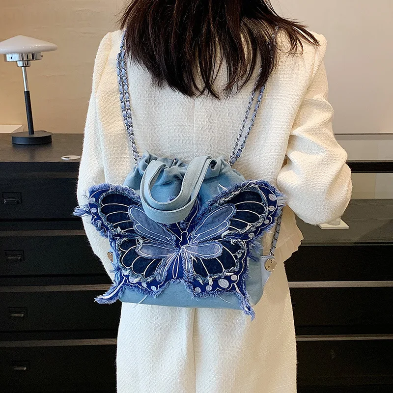 Fashion Denim Women Backpacks Butterfly Designer Backpack Canvas Book Bags for Women 2023 Chains Handbags Drawstring Bags Clutch