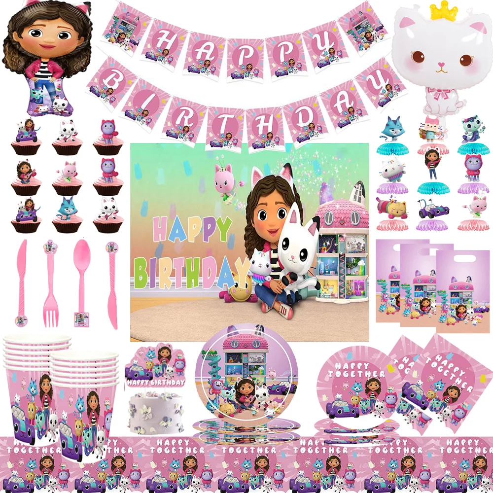 Pink Gabby Dollhouse Cats Decorazioni Per Feste Di Compleanno Stoviglie Tazze Piatti Tovaglioli Palloncini Sfondo Per Ragazze Forniture Per Feste