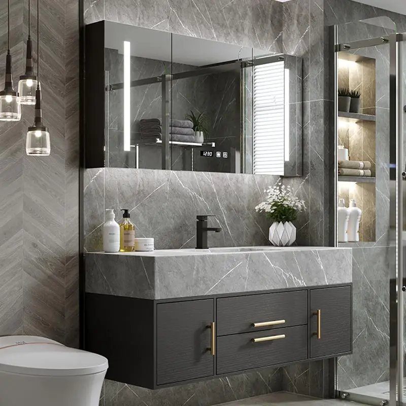 

Marble Countertop Bathroom Accessories Sets Solid Intelligent Wood Cabinet Smart Mirror Vanity Unit Basin Faucet Combination