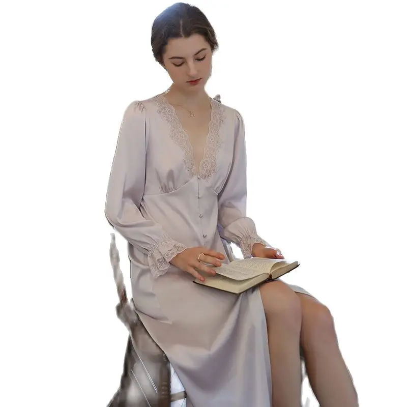 New Spring Summer French Sexy Pajamas Women Ice Thin Goddess V-neck Long-sleeved Cardigan Nightdress Long Home Clothes Sleep Top