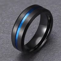 fashion men 8mm black tungsten wedding ring trendy blue groove beveled edge brick pattern brushed stainless steel rings for men