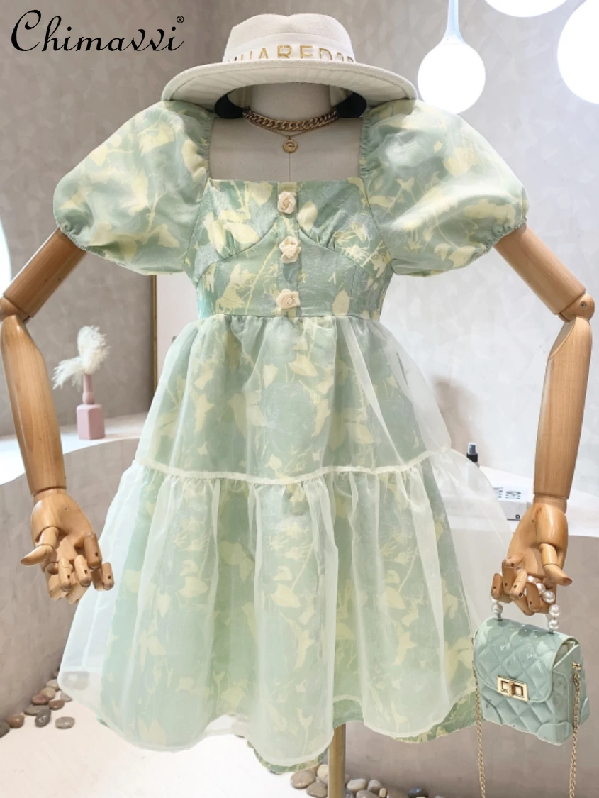 

2022 Summer New Fashion Retro Court Princess Dresses Sweet Square Collar Puff Sleeve High Waist Slim Elegant Tulle Tutu Dress