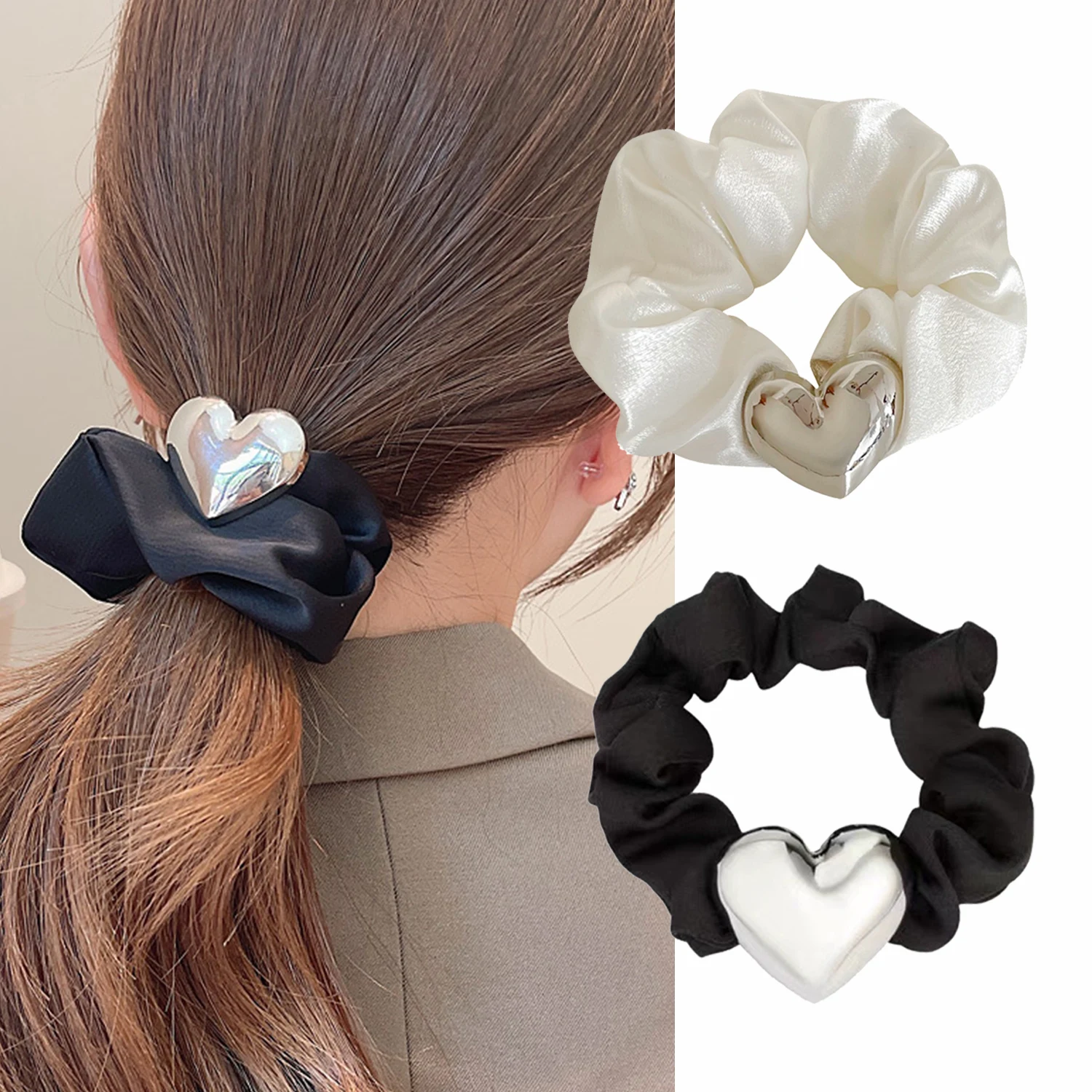 

Cute Heart Pendant Hair Ropes Black White Large Intestine Circle Ponytail Scrunchies For Girl Soft Silk Elastic Rubber Hair Band