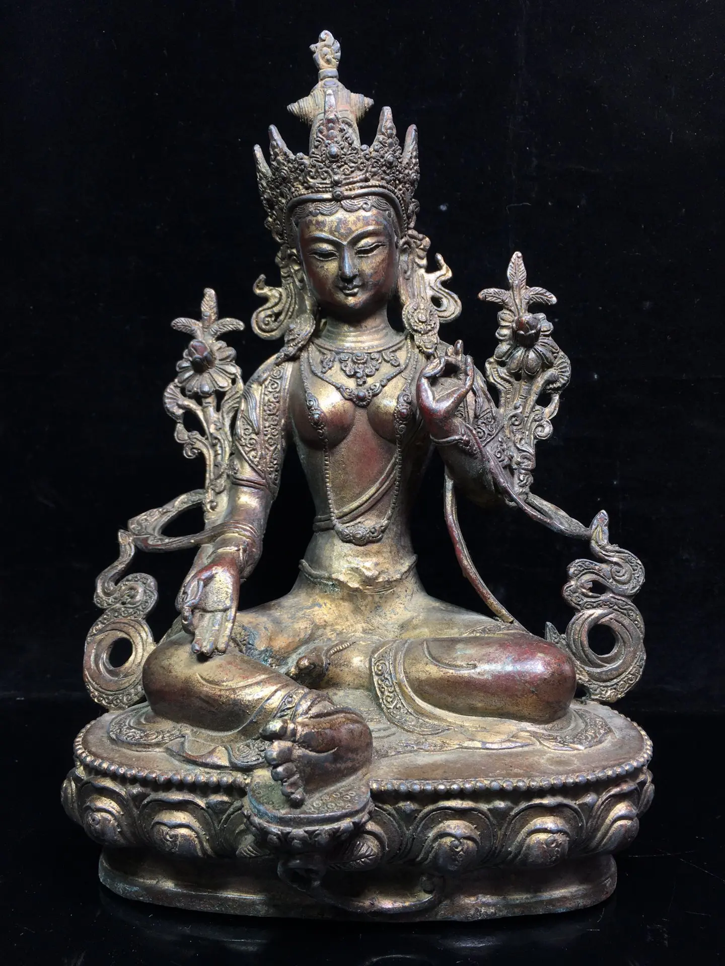 

12" Tibetan Temple Collection Old Bronze Cinnabar mud gold twenty one mother Tara Bodhisattva lotus platform Sitting Buddha