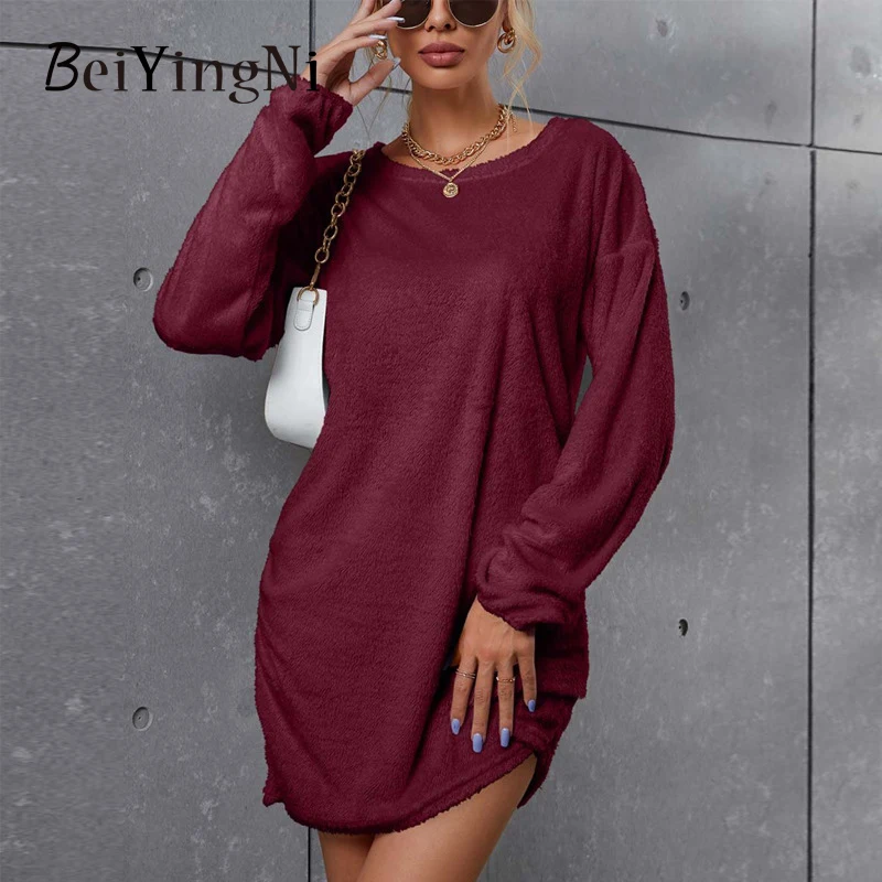 

Beiyingni Autumn Winter Velvet Women Dresses Long Sleeve O-neck Solid Loose Mini Female Dress Casual Streetwear Sweater Vestidos
