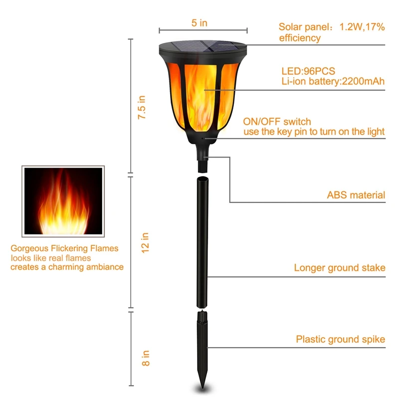 

Solar Light Outdoor,96 LED Waterproof Flickering Flame Decoration Dusk To Dawn Auto On/Off For Garden Patio Yard Pathway