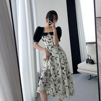 square neck puff short sleeve korean dress summer floral print slim fit elegant dress black stitching pleated office lady dress