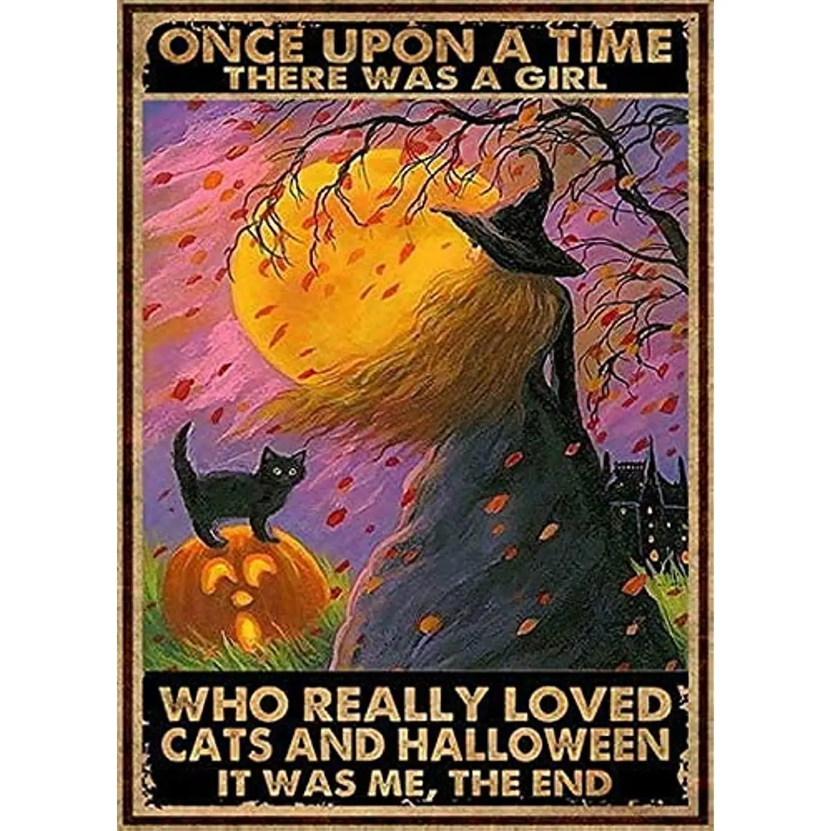 

Vintage Style Halloween Tin Sign with Black Cats and witch for Wall Decor in Study or Bar Area, Farmhouse Home Decor Posters