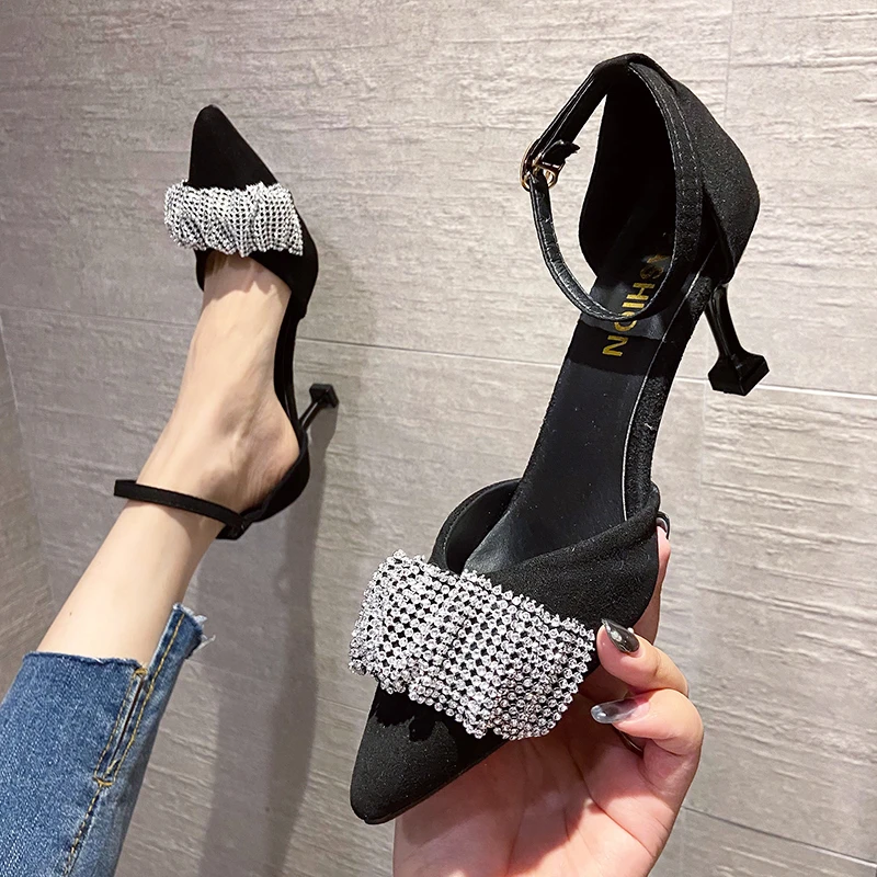 

Buckle Strap 2022 Sandals Female Shoe Shallow Mouth High Heels All-Match New Girls Retro Velvet Rhinestone Closed Fashion Comfor