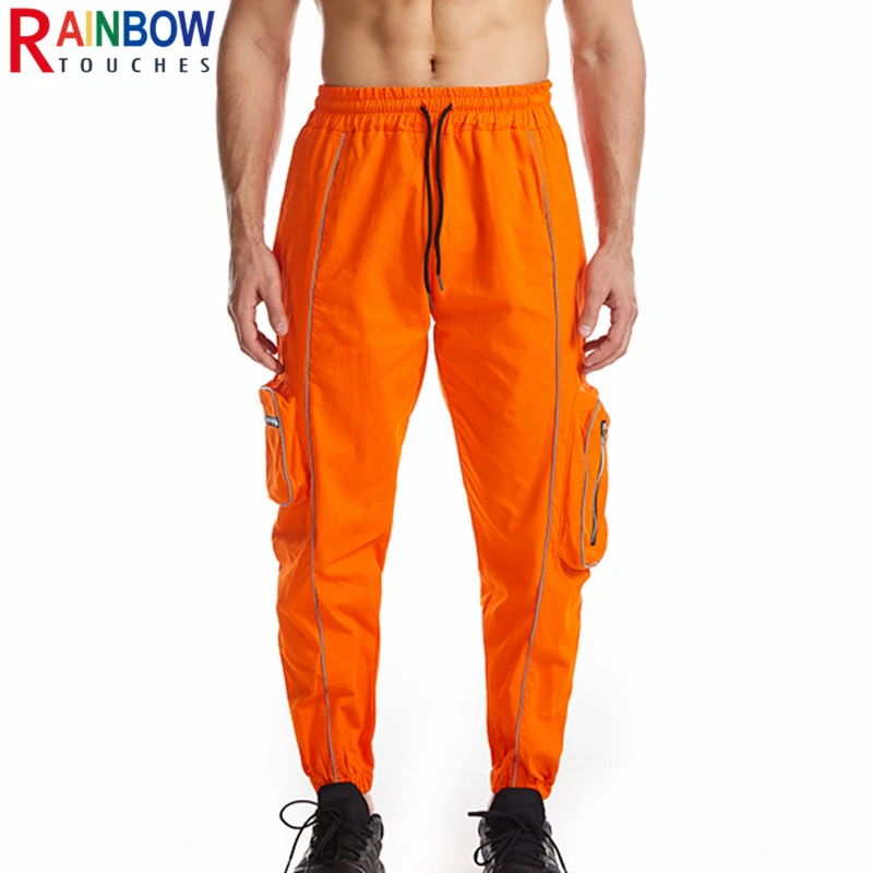 

Rainbowtouches Cargo Sweatpants For Men Trend Classic Lace-up Orange Cargo Pants Sports Trousers Reflective Strip Male Overalls