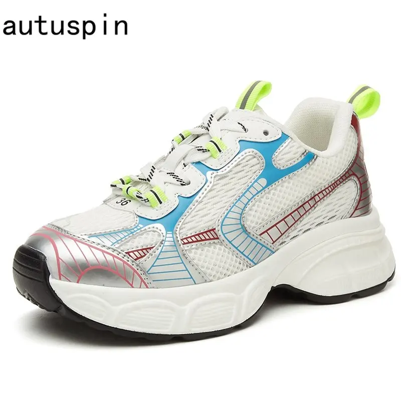 

Autuspin 5.5cm Women's Sneakers Summer Breathable Air Mesh Genuine Leather Casual Vulcanize Shoes Ladies Luxury Design Trainers