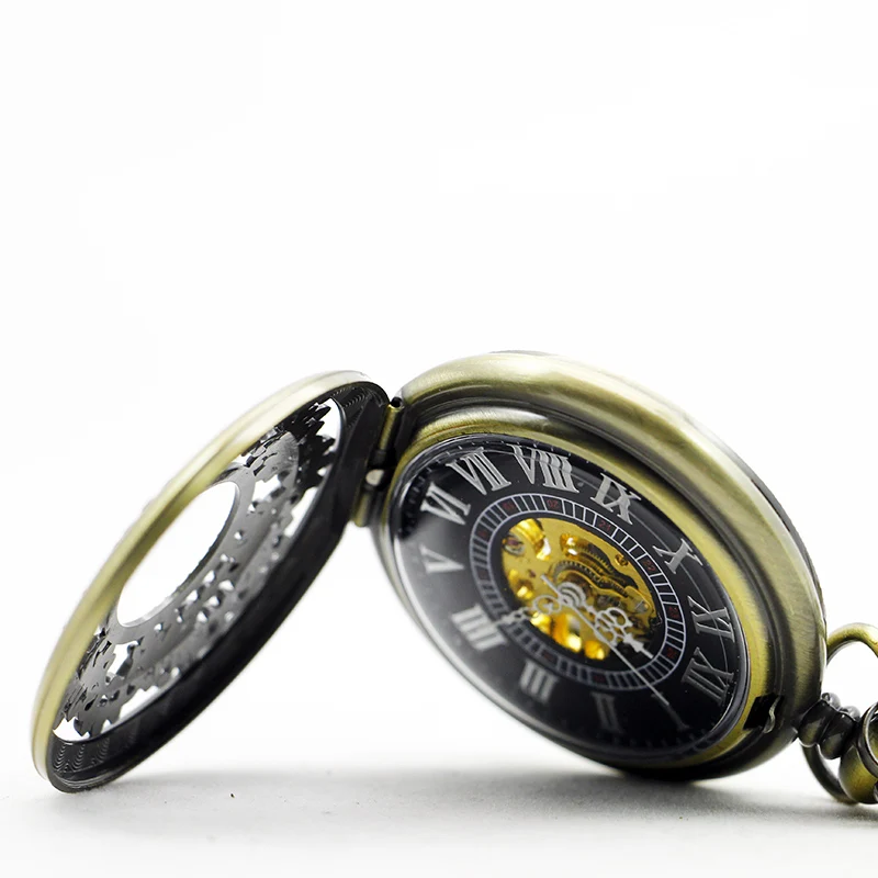 Roman Numerals Display Mechanical Pocket Watch Carved Hollow Design Vintage Strap Chain Pendant Clock Men's Women's Gift