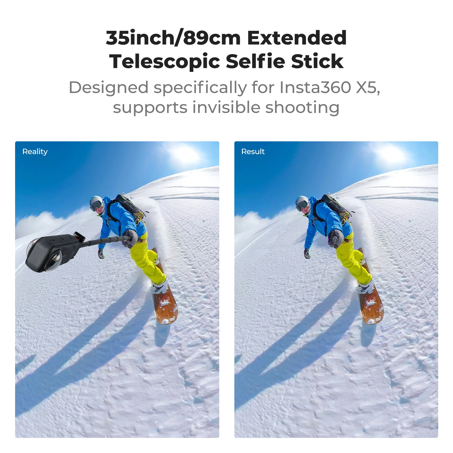 Фото Складная селфи-палка K&F Concept для Insta360 X5, 35-дюймовая выдвижная невидимая палка, магнитное быстросъемное крепление, с винтом 1/4 дюйма №2