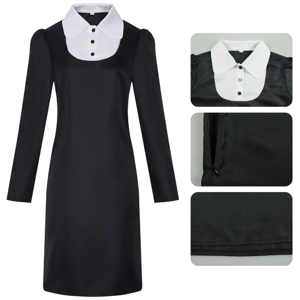 Фото Костюм для косплея Аддамс, женский, взрослый, школьная форма, черное платье с воротником-стойкой, для Хэллоуина, дня рождения, вечеринки, карнавала №5