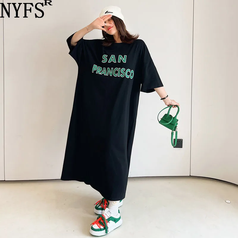 

Женское платье с коротким рукавом NYFS, длинное Хлопковое платье в Корейском стиле с надписью, лето 2022