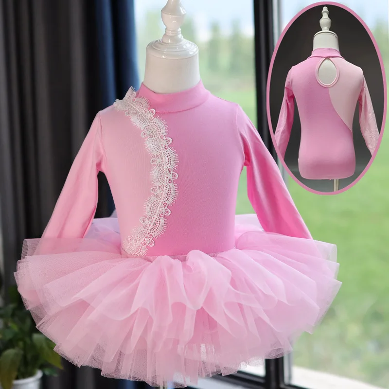 WT30 Детское танцевальное платье Розовое тренировочное с длинными рукавами для