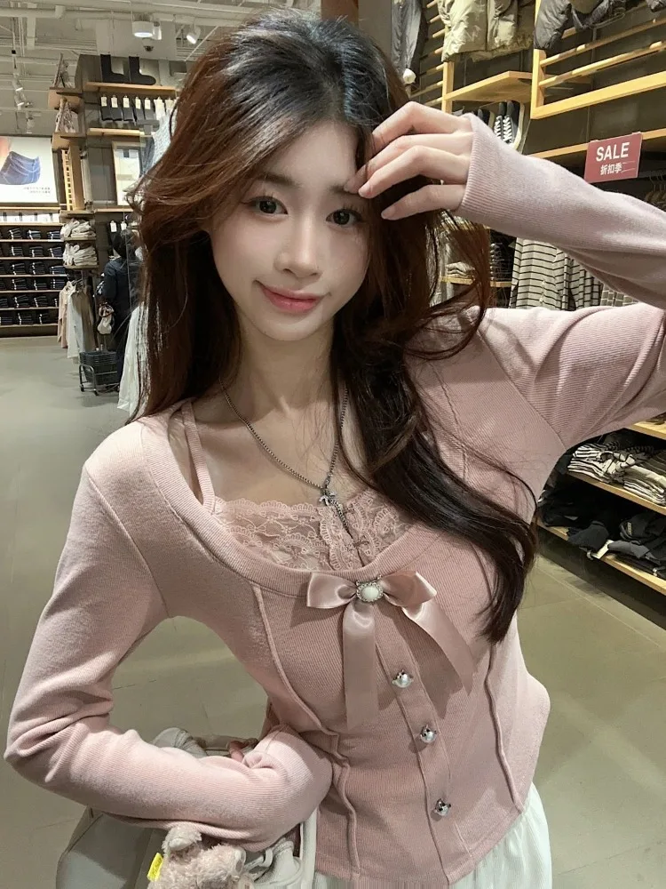 Милые кружевные лоскутные топы из двух частей с бантом женская футболка на