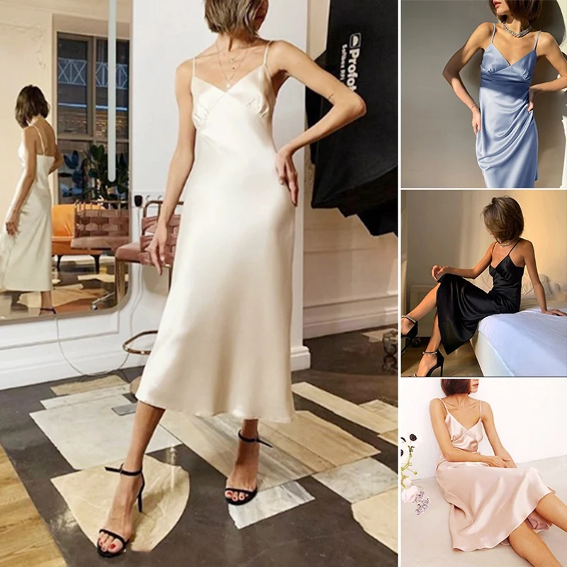 

Women Satin Deep V Neck Sexy Dress Solid Straight Party Dress Elegant Female Spaghetti Strap Dress Casual