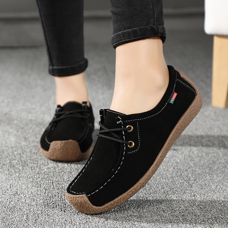 Women's Genuine Leather Shoes Outdoor Casual Flats Women Handsewn Suede Loafer 5 Colors Size:35-42 Walking Shoes