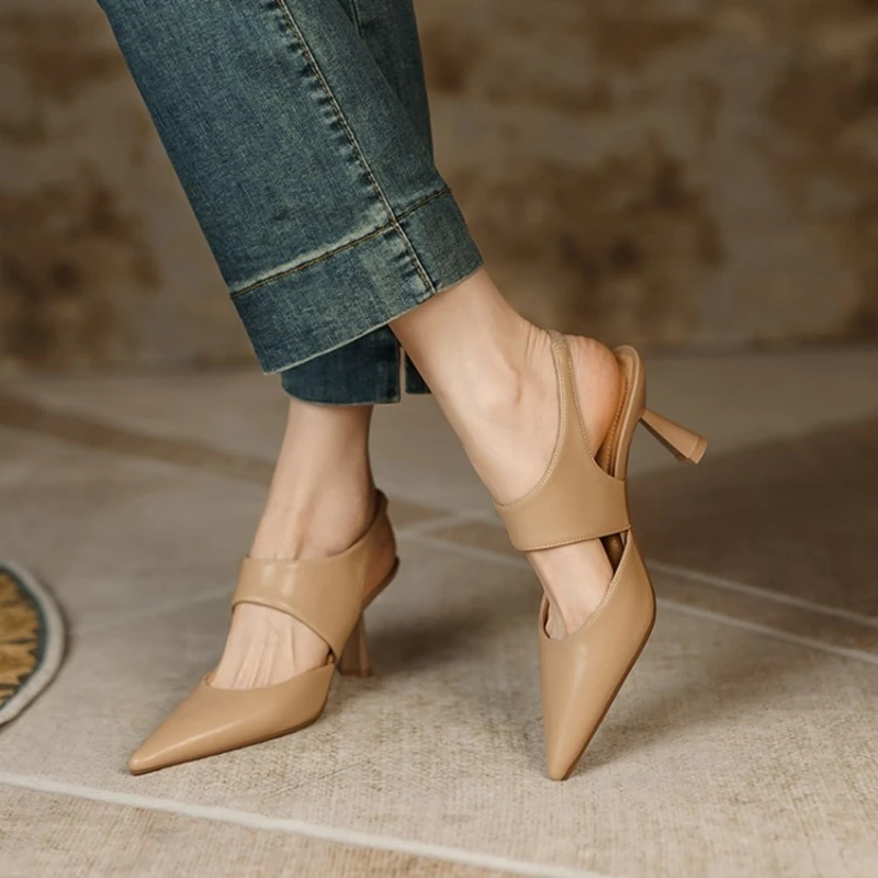 

New 2022 Spring/Summer Sandals Cow Leather Women Shoes Retro Slip-On Women Pumps Pointed Toe Heels Shoes Women Sandals for Women