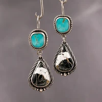 vintage metal square green stone earrings ethnic silver color water drop engraved inlay white pattern handmade drop earrings