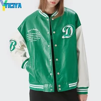 yiciya womens jacket spring 2022 patchwork pu leather coats bomber jacket woman embroidery high quality womens leather jacket