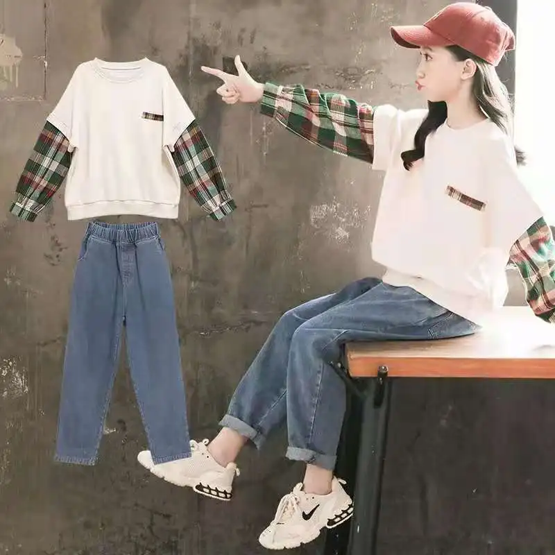 Осенне-зимний комплект одежды для девочек хлопковая толстовка с рукавами в стиле