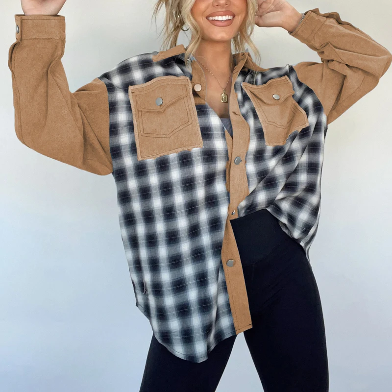 

Lady Autumn Casual Plaid Patchwork Jacket Fashion Long Sleeve Lapel Single Breasted Coat Women Retro Loose Irregular Shirt Coats
