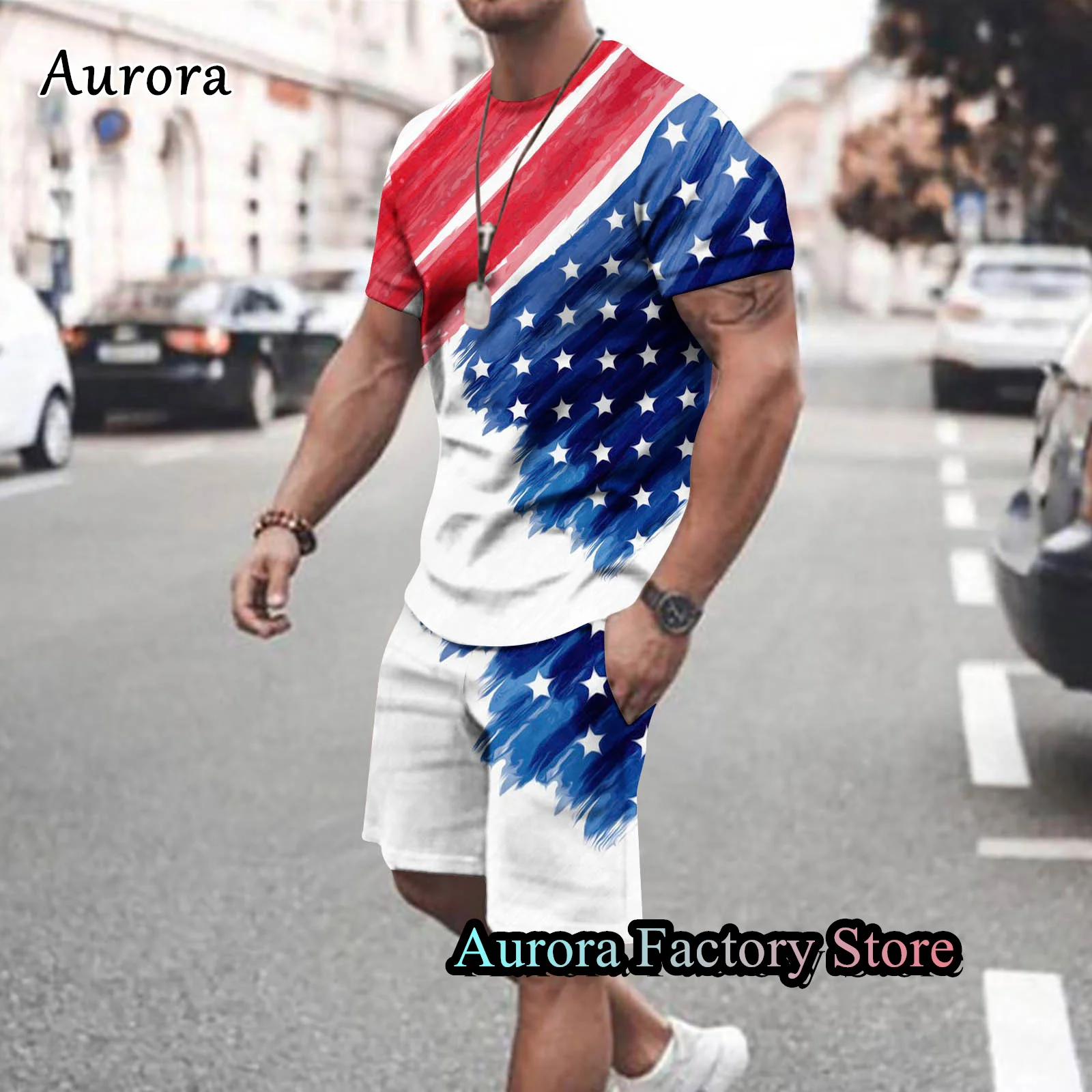 Men Summer Tracksuit American Flag Printed T-Shirt Shorts Set 2 Pieces Suit Fashion Outfit Male Casual Clothing Streetwear