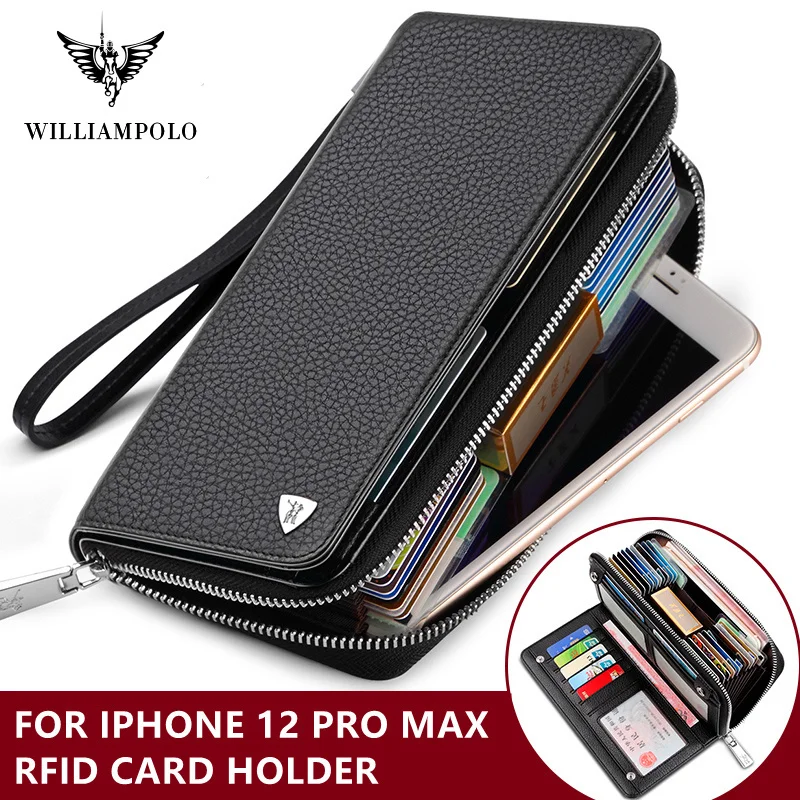

WILLIAMPOLO Men's Clutch Bag Wallet Business Card Holder Coin Purse 100% Cow Leather Wallet For Men Passport Cover